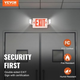 VEVOR LED Exit Sign with Emergency Lights, Two Heads Emergency Exit Light with Battery Backup, Combo Red Letter Fire Exit Lighting, Commercial Exit Signs for Business, White