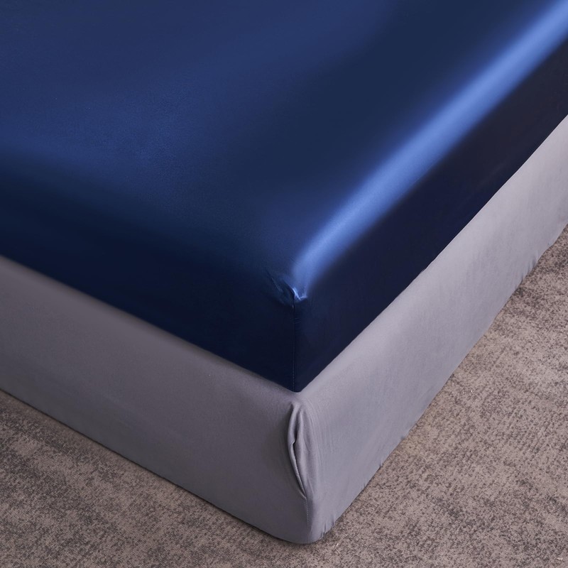 JHCHMX Satin Navy Blue Fitted Sheets Single Bed,Deep Pocket Soft
