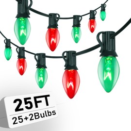 C7 Christmas Multicolor Lights, 25Ft Outdoor Multicolor String Lights with 27 Clear Red Green Bulbs, Hanging Connectable Indoor Outdoor Christmas String Lights for Tree Backyard