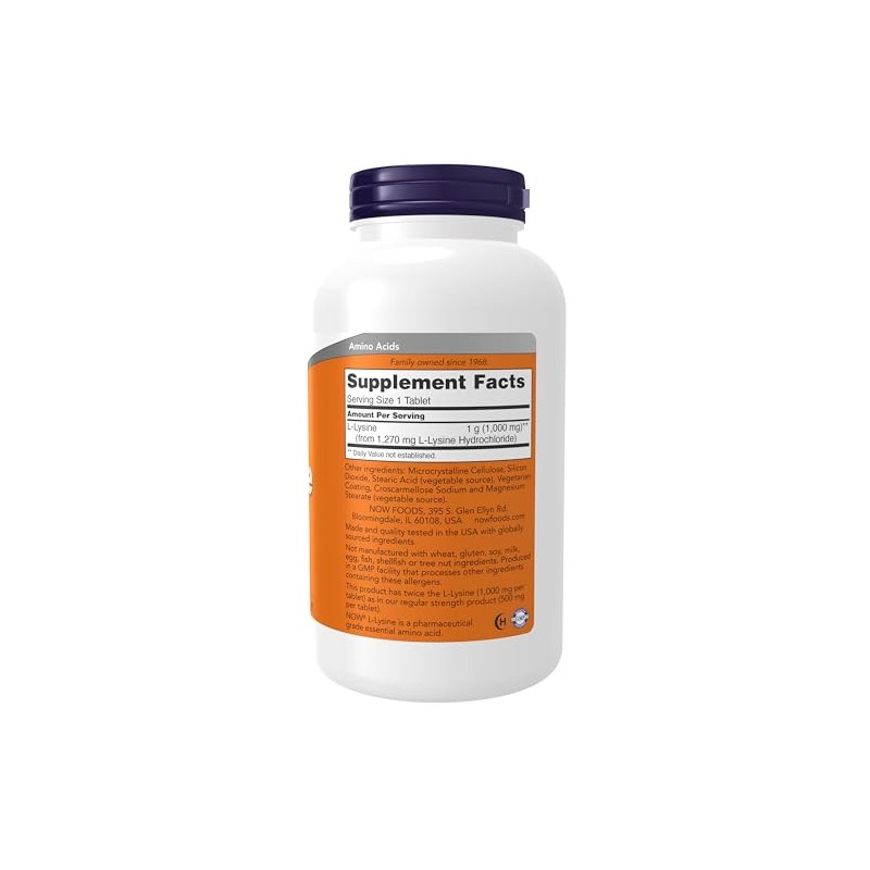 NOW Suplementos, L-lisina (clorhidrato de L-lisina) 1000 mg, doble potencia,