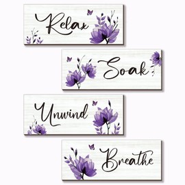 ONIZHITY Set of 4 Purple Bathroom Decor With Purple Flower Wall Decor Inspire Relax Soak Unwind Breathe Rustic Wooden Wall Art Ideal for Bedroom Office Living Room Kitchen Decoration(Purple 10x4Inch)
