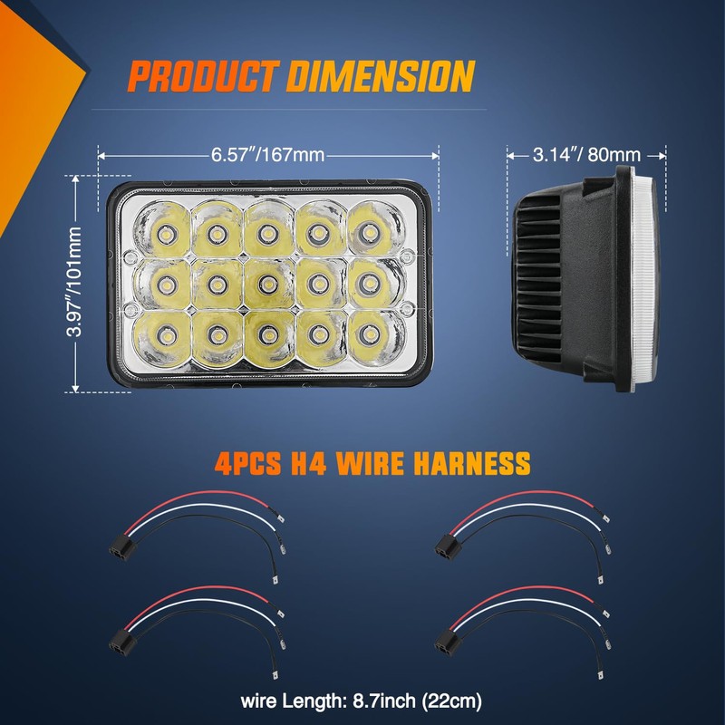Nilight 4x6 Inch LED Headlights 45W Hi/Lo Sealed Beam Rectangular