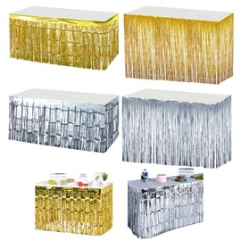 AHANDMAKER 4 Pack Metallic Foil Fringe Tinsel Table Skirts for Rectangle Tables, 2 Sizes Tinsel Backdrop Curtains Shiny Tinsel Tassle Banner for Wedding Float Christmas Mardi Gras Party(Silver & Gold)