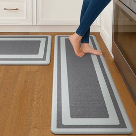 GENIMO Kitchen Mats for Floor 2 PCS Cushioned Anti-Fatigue, Geometric Waterproof Kitchen Rugs Non Slip Washable, Comfort Standing Mat Rug for Kitchen, Office, Laundry, Darkgrey, 17"x 59"+17"x 30"