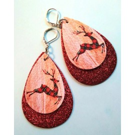 handcrafted CHRISTMAS DEER glitter red PU Leather dangle earring SP LEVERBACK XX