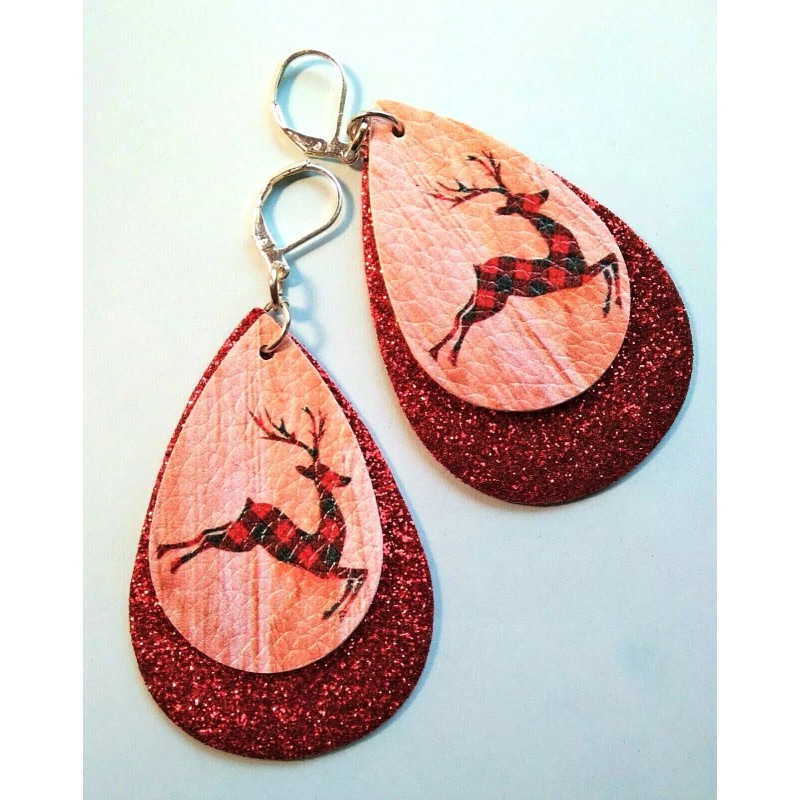 handcrafted CHRISTMAS DEER glitter red PU Leather dangle earring SP
