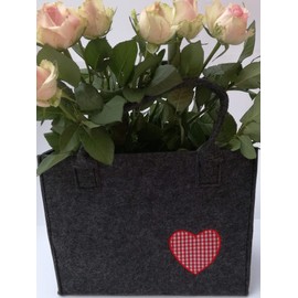 LaFiore24 High-Quality Felt Bags Women's Felt Shopper Felt Shopping Bag Grey Dirndl Bag Felt Handbag Shopper Festival Bag Storage with Stylish Checked Heart Appliqué, Dark grey-red, Shopper