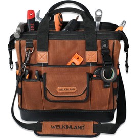 WELKINLAND 22-Pockets Hard Bottom Tool Bag, 14-Inch Waxed Canvas Tools Bag, 25L Heavy Duty Electrician Bags, HVAC Service Bags, Mechanic, Technician Tool Bag