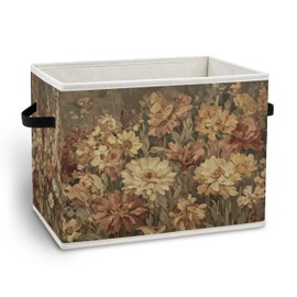 JMICPTUB Vintage Abstract Floral Storage Bin Box with Handles, Rustic Cottagecore Wildflower Botanical Foldable Organizer Basket for Bedroom Bathroom Home Clothes Toys Books