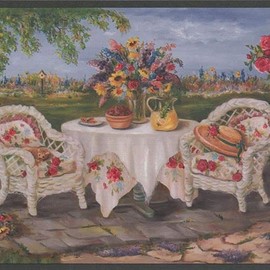 CONCORD WALLCOVERINGS ™ Classic Garden Wallpaper Border Featuring Table and Chair Beside Alcove, Colors Green Blue White Red, Size 10.25 Inches by 15 Feet WE670B