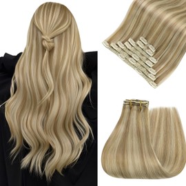 Easyouth Clip in Human Hair Extensions Highlights Clip on Hair Extensions Human Hair Dark Ash Blonde Highlights Golden Blonde Soft and Silky Clips in Hair Extension Real Human Hair 16Inch 7Pcs 120G