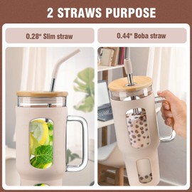 WINSA Glass Tumbler with Lid and Straw, 46 oz Iced Coffee Cup with Handle, Large Water Bottles with Silicone Sleeve, Glass Cup with Straws - Pearl Straw & Drinking Straw BPA Free-Amber