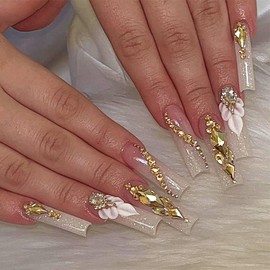 IMRAIN Press on Nails Long Square Fake Nails Nude White Gradient Glossy Glue on Nails Full Cover Glitter Acrylic False Nails with Rhinestone Designs Artificial Stick on Nails for Women 24Pcs