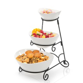 Covzoe 3 Tiered Serving Bowl Set, Ceramic Oval Serving Dishes with Collapsible Metal Rack, Chip and Dip Serving Set for Parties Entertaining, Appetizer Serving Platters for Fruit Dessert