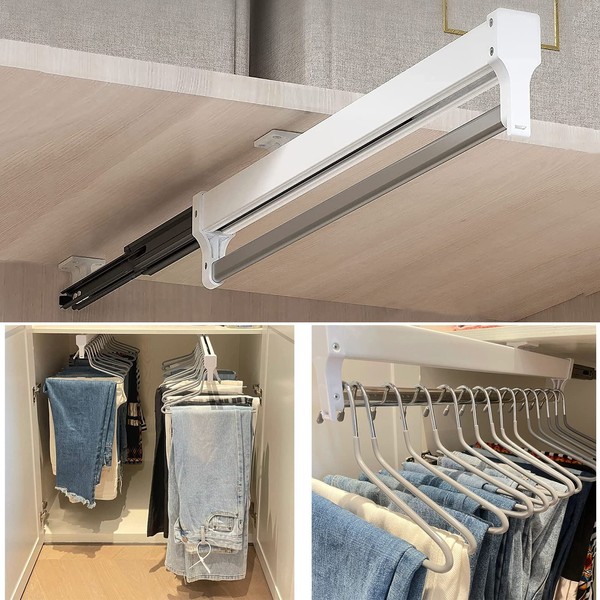 Pull Out Clothes Rail, Adjustable Pull Out Hanger Rail Rod for Wardrobe Trousers Clothing Storage, Space Saving, Load 25kg (White 292mm)