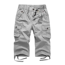 FOURSTEEDS Women's Mid Rise Cotton Capri Hiking Shorts Drawstring Multi Pocket Cargo Shorts Elastic Waist Cropped Cargo Pants Light Grey L