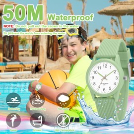 TENOCK Analogue Children's Watches for Boys Girls Children's Watches Time Learning 5ATM Waterproof Children's Watch Easy to Read for Age 4-12 Children Large Birthday Gifts, Green, Modern