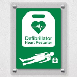 V Safety Defibrillator Heart Restarter – RESUS Council & BHF Approved - 150 x 200 mm - Acrylic Perspex Cast Clear Safety Sign