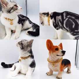 AAAbling 18K Gold Cat Dog Collar Kitten Puppy 0.6inch 15mm Wide Stainless Steel Kitten Choker Curb Chew Proof Cuban Link Chain with Bell (Dog Neck 12"-14")