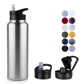 MURBONE Stainless Steel Drinking Bottle 1.2 L (+ 2 Lids) with Straw, BPA-Free, Leak-Proof, Suitable for Carbonated Drinks, Thermos Flask, Vacuum Double Wall Insulation for Sports, Travel, Camping