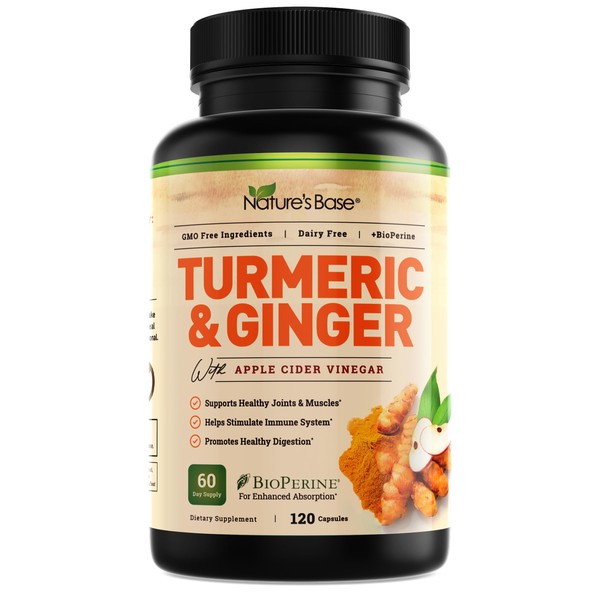 Turmeric and Ginger Supplement - Turmeric Curcumin Pills - with Apple Cider Vinegar & BioPerine Black Pepper - 95% Curcuminoids -120 Capsules