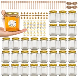 BIGIVACA 6 oz Mini Honey Jars - 30 Pack Hexagon Glass Jars with Wood Dippers, Gold Lids, Bee Pendants, Jutes, Stickers for Wedding Favors, Party Favors, Candle Making