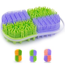 2-in-1 Silicone Body Hair Scrubber, Upgraded Bristles Exfoliating Massage Shower Body Scrub Bathing Brush for All Skin, No-Slip Ergonomic Handle Exfoliator Silicone Loofah Easy Clean(1PC Purple+Green)