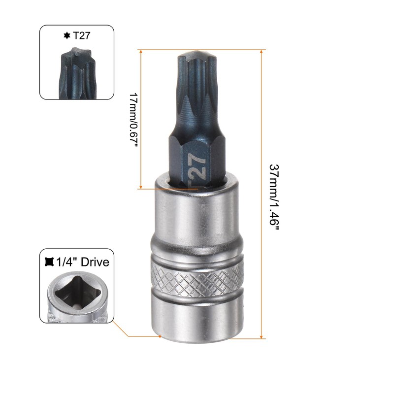 sourcing map Torx Bit Socket T27 Solid Star 1/4" Drive