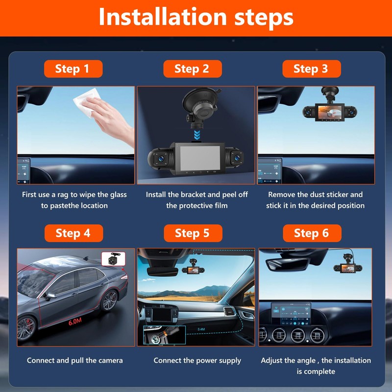 Podofo 360° Dash Cam Front and Rear Inside,4 Channel 3"