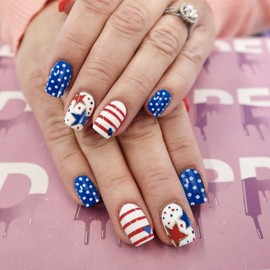 Press on Nails Short Square for July 4th Independence Day 24Pcs Glossy Full Cover Acrylic False Nails with Patriotic Designs Artificial Square Fake Nails Glue Stick on Fingernails for Women Girls
