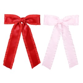 Big Silky Satin Ruffle Tassel Hair Ribbon Hair Bows Clips for Women Girls Red Pink Long Tail Bow-knot Hair Barrettes Valentines Wedding New Year Dress Accessories Gift,5.5inch