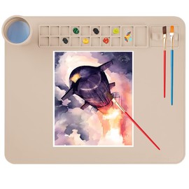 Silicone Painting Mat, 20"x 16" Silicone Art Mat with Cup, Kids Painting mat for Resin, DIY, Drawing Resin, Paint, Clay， Large Craft Art Mat (Beige)