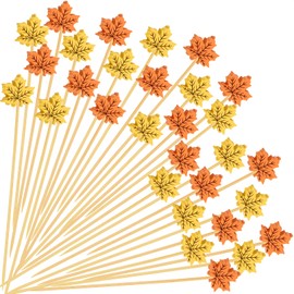100 Maple Leaf Fall Cocktail Picks, Autumn Theme Holiday Appetizer Toothpicks, 4.7 IN Decorative Bamboo skewers sticks for Drinks Food Fruit Charcuterie Boards Accessories Thanksgiving Party Supplies