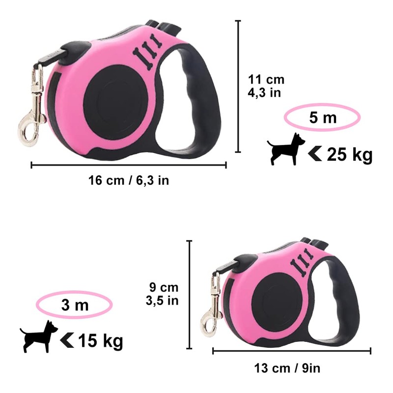 Retractable Dog Lead for Small, Medium and Large Dogs, Pink,