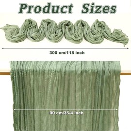 Table Runner Sage Green Boho, Cheesecloth Table Runner, Long Rustic Gauze Table Runner, Table Decoration for Wedding, Vintage, Birthday, Baby Shower Decoration, 90 x 300 cm