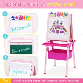 Kids Easel with Paper Roll Double-Sided Whiteboard & Chalkboard Height Adjustable Standing Easel Wooden Art Easel with Puzzle Tangram Toys and Other Accessories Gift for Kids and Toddlers