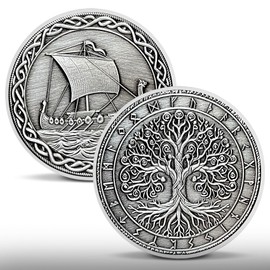 IELCJJ Viking Old Tree Sailboat Coin, Viking Runes Coin Nordic Mythology Protective Talisman Viking Gifts for Men Women