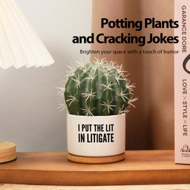 I Put The Lit in Litigate Ceramic Succulent Plant Pot with Bamboo Tray Round Lawyer Gifts to Attorney Law Student Graduation Gifts Home Office Decor Plant Lover 3.5 Inch White