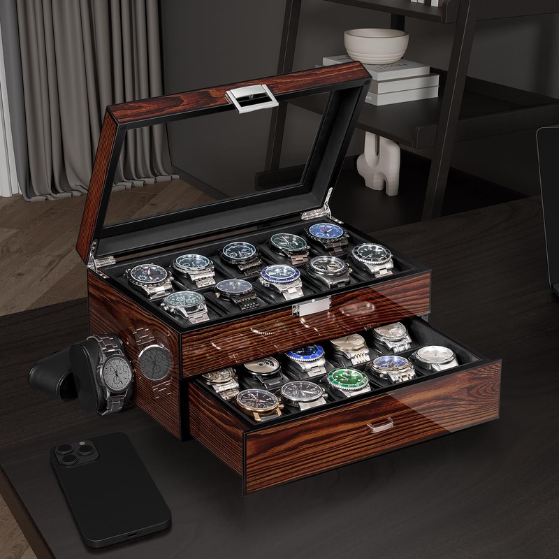 BEWISHOME High-End Watch Box, 20-Slot Watch Case with Large Glass