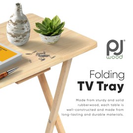PJ Wood Rectangle Folding Portable TV Snack Serving Tray Table, Solid Wood Construction with Natural Finish, Natural, 2 Piece Set