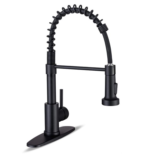 Black Kitchen Faucet, WEWE Kitchen Faucets with Pull Down Sprayer Commercial Industrial Stainless Steel Single Handle Single Hole Pull Down Sprayer Spring Farmhouse RV Kitchen Sink Faucet, Matte Black