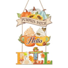 LHIUEM Hello Fall Door Signs,Happy Thanksgiving Wood Decor,Fall Pumpkin Patch Decor,Autumn Harvest Wall Plaque,Scarecrow Wall Hanging Sign,Pumpkin Sunflowers Hanger for Farmhouse Home Outdoor Yard