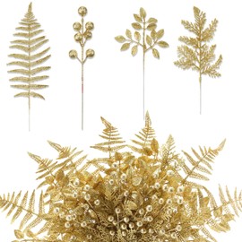 Moucuny 40 Pcs Christmas Glitter Artificial Picks Set Christmas Leaf Sprays Cedar Picks Glitter Berries Stems Tropical Leaf Pine Needles Christmas Stems Branches for Christmas Tree Vase Home(Gold)