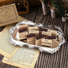 Dizdkizd 12-Piece Cute Month Rubber Stamps, Vintage Wooden Rubber Stamps Small Ink Stamps Clay Stamps for Crafting, Scrapbooking, Journaling Supplies