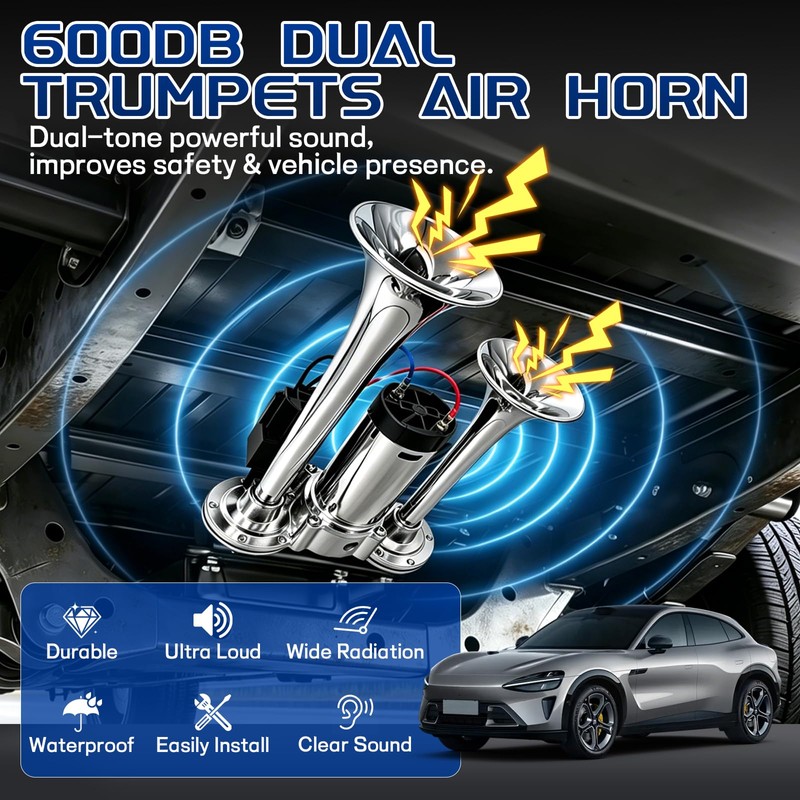 BURMONG 12V 600DB Super Loud Electric Air Horn, Silver Dual