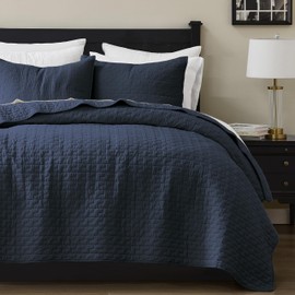 palassio Navy Blue 100% Cotton Quilt Queen Size Bedding Sets with 2 Pillow Shams, Textured Lightweight Soft Bedspread Shabby Chic Coverlet, Quilted Comforter Bed Cover for All Season, 3 Pieces
