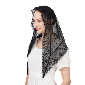 Wgior Catholic Veils for Church Triangle Chapel Veils Lace Latin Mass Head Covering Scarf Floral Mantilla (Black)