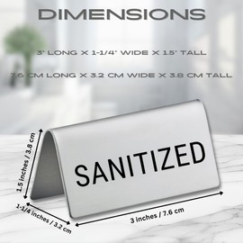 Sanitized Stainless Steel Metal Table Tent Sign - 3" x 1-1/2" - Table Top Setting for Restaurants, Catering Businesses, Business. Great for Wedding, Banquet, Buffet, Party, Events. To Label Sanitized Areas-4 PK