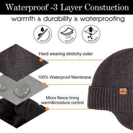 TOP-EX XL/XXL Mens 80% Merino Wool Waterproof Beanie for Women with Ear Flap Winter Fleece Lined Beanie Outdoor Skiing Hat Grey M/L