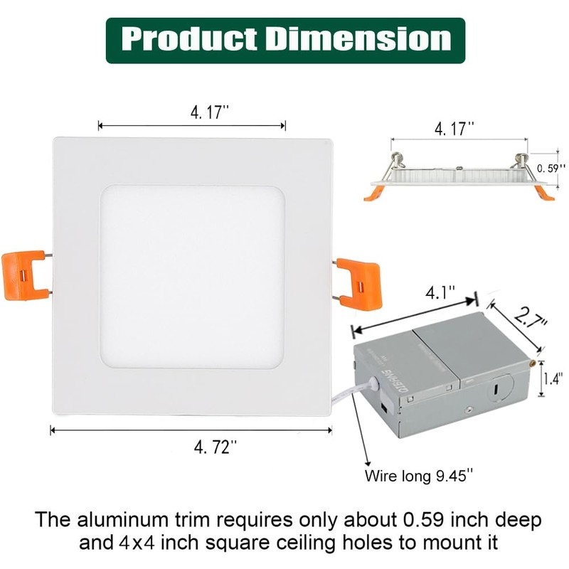 QIBANG 2 Pack 4 Inch Square Recessed Lighting Dimmable with